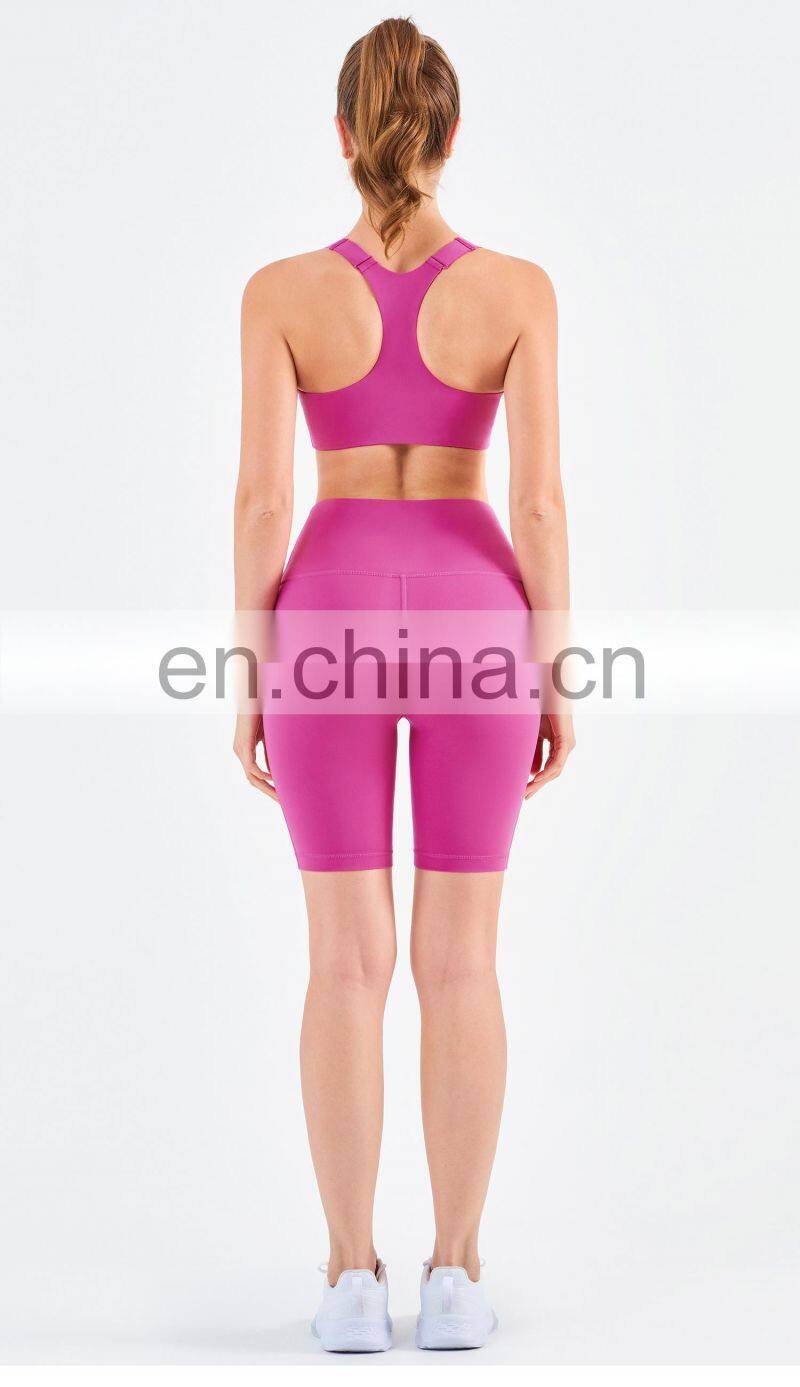Tik Tok High Elastic Front Zipper Sport Bra Biker Shorts Sets Women Fitness Yoga Wear
