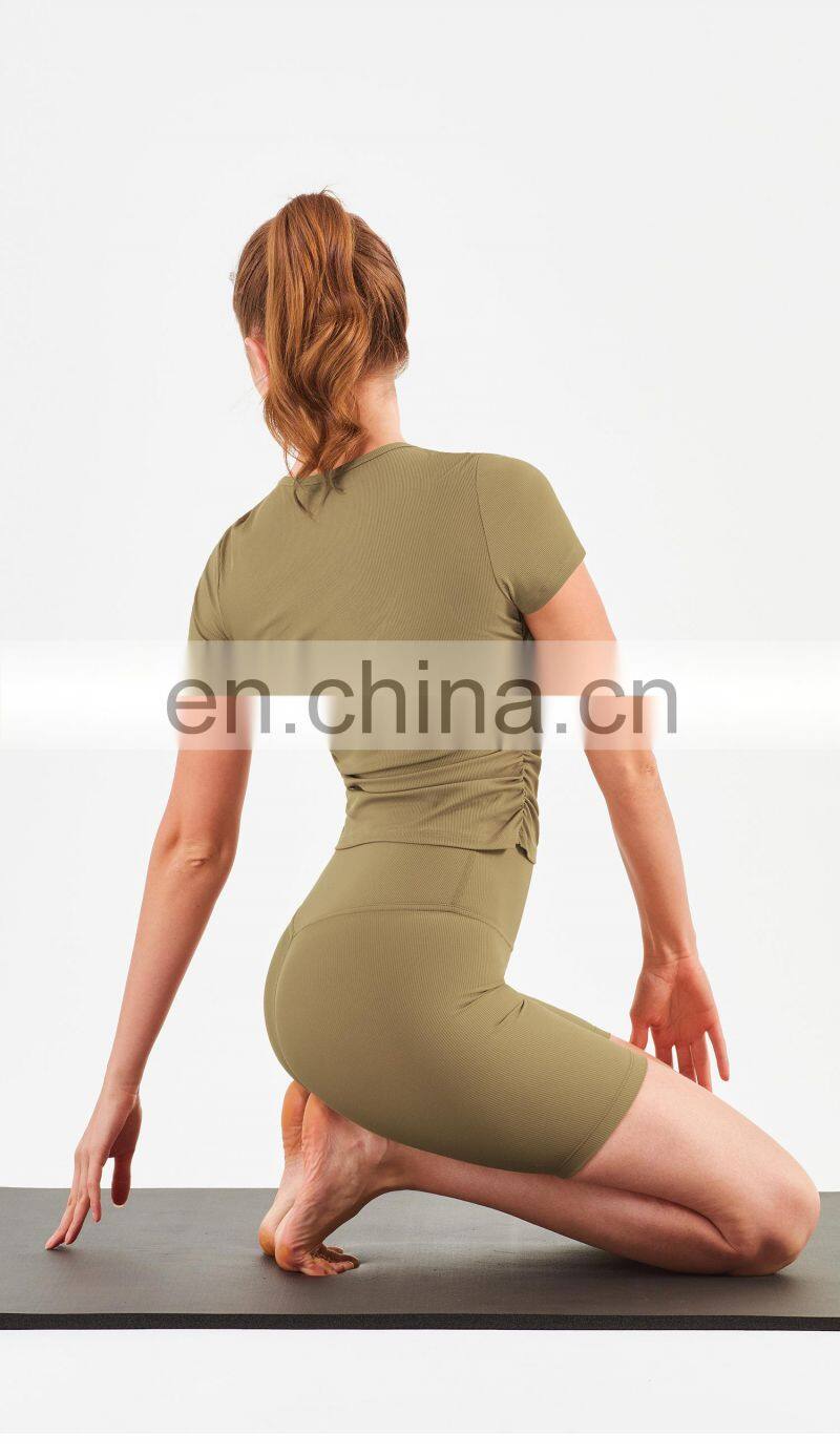 Women Ribbed Short Sleeve Slim Fit T-Shirt And Short Yoga Set Sport Fitness Suit