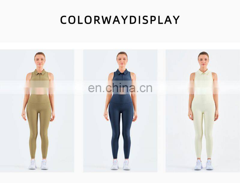 Workout Outfits Sports Ribbed Golf Polo Padded Bra Tank Top Yoga Legging Set Womens