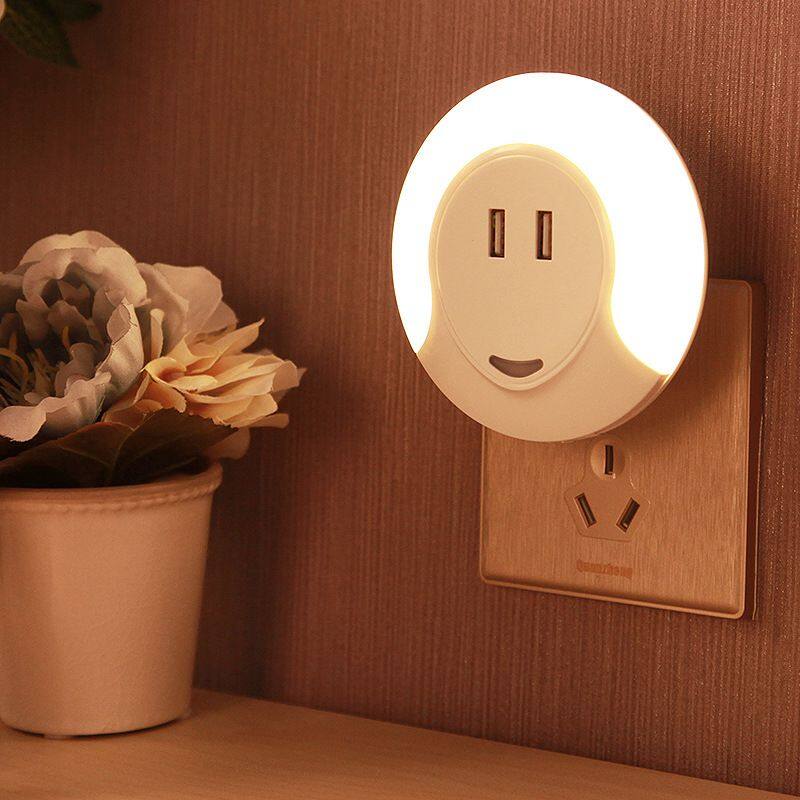 Dual USB Wall Charger Led Sensor Night Lamp With Auto Mode And Always On/Off Mode