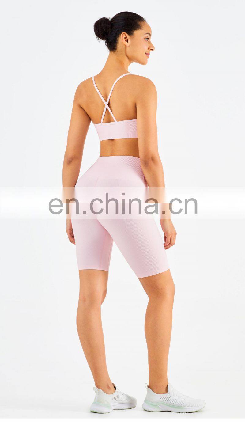 Ribbed Seamless Yoga Short Set Women Summer Activewear Sports Fitness Gym Yoga Bra Cross Back
