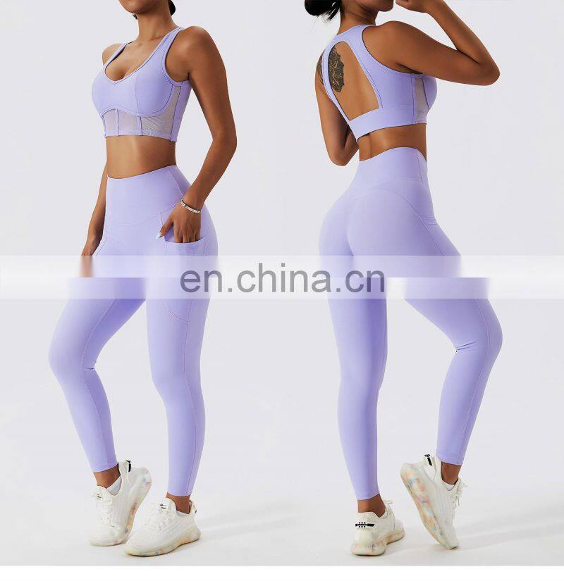 3 Pcs Sexy Mesh Bra Sports Sets Custom Fitness Women Yoga Long Sleeve Yoga Tops Suits