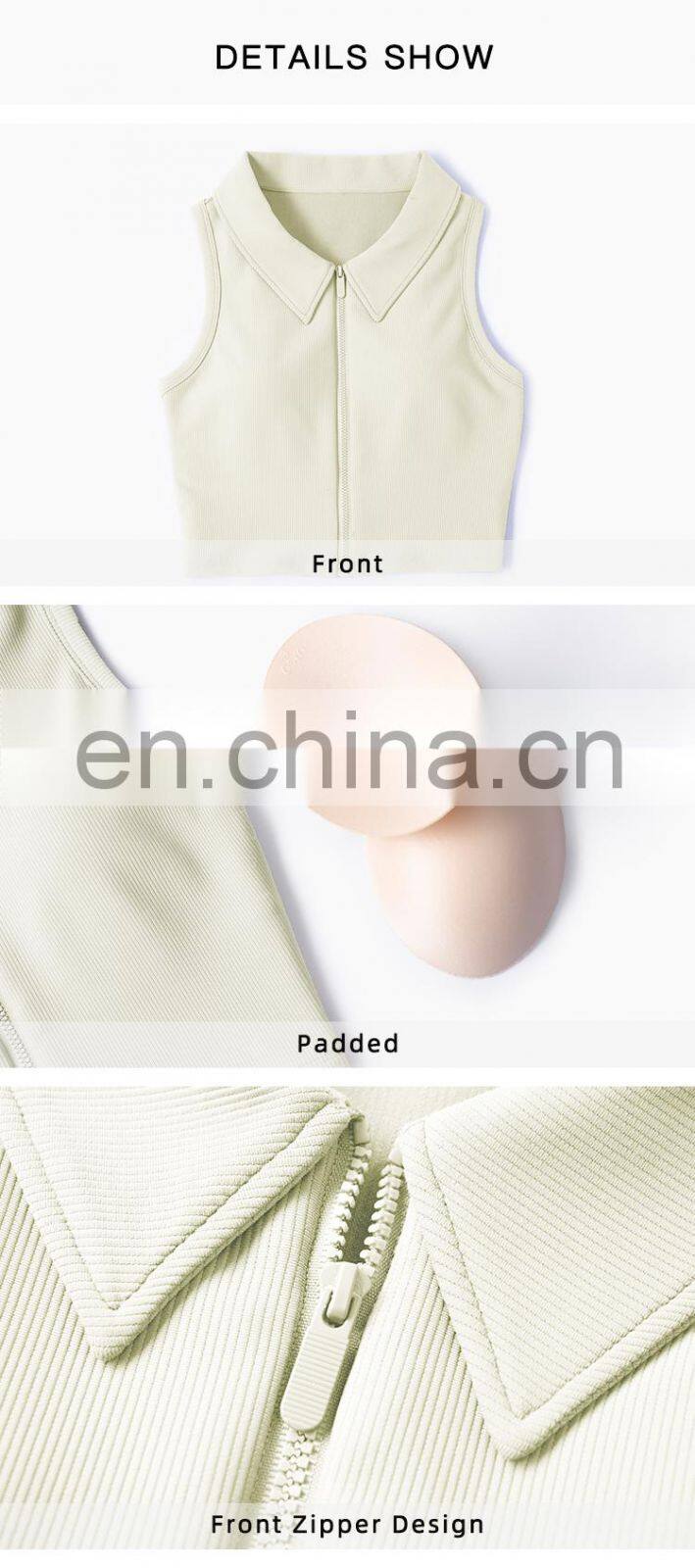 Designer Polo Ribbed Sports Bra With Front Zipper Gym Fitness Women Yoga Tank Tops