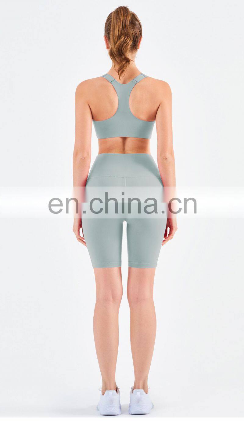 Tik Tok High Elastic Front Zipper Sport Bra Biker Shorts Sets Women Fitness Yoga Wear