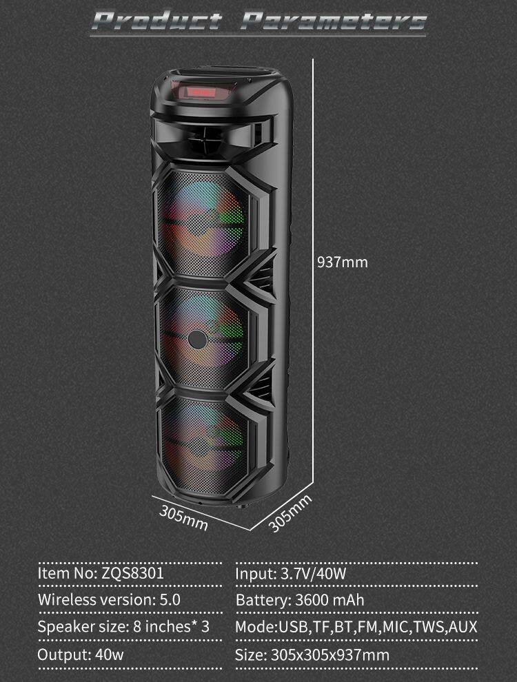 Sell well ZQS8301 OEM 40W power dual 8 inch speaker wireless bass sound loudspeaker with mic