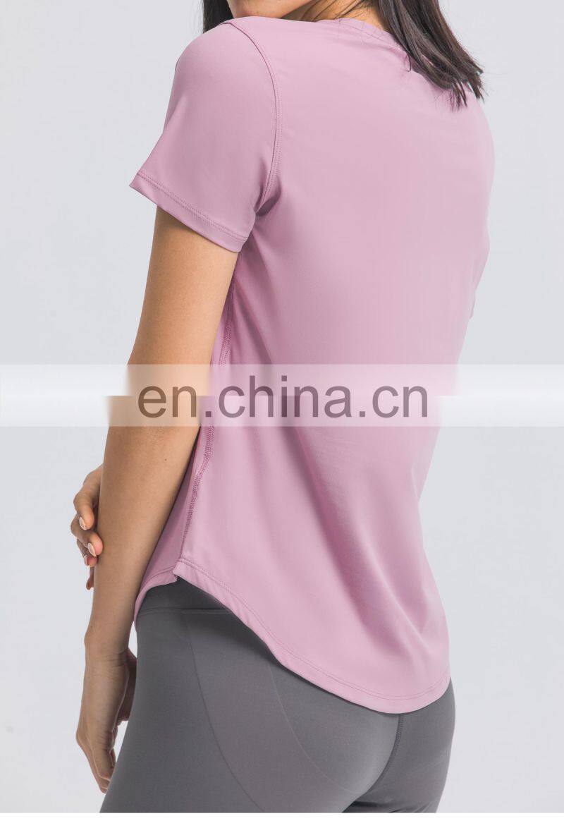 Factory Sales Women Soft Quick Dry Gym Yoga Tops U Hem Fitness Sports T-Shirts