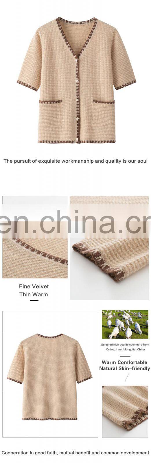 Elegant Women's 100% Pure Cashmere Cardigan Spring Autumn V-Neck Sweater with Pockets Casual Solid Knit for Winter