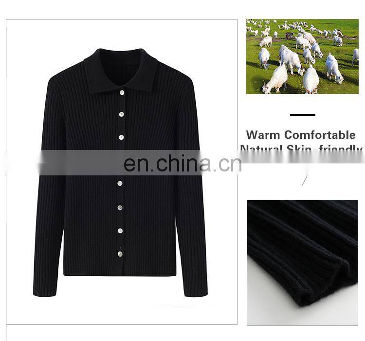 Fashionable Girls Slim Fit Cashmere Sweater with Rib Knitting Turn down Collar and Button Decoration Casual Style Winter Wear