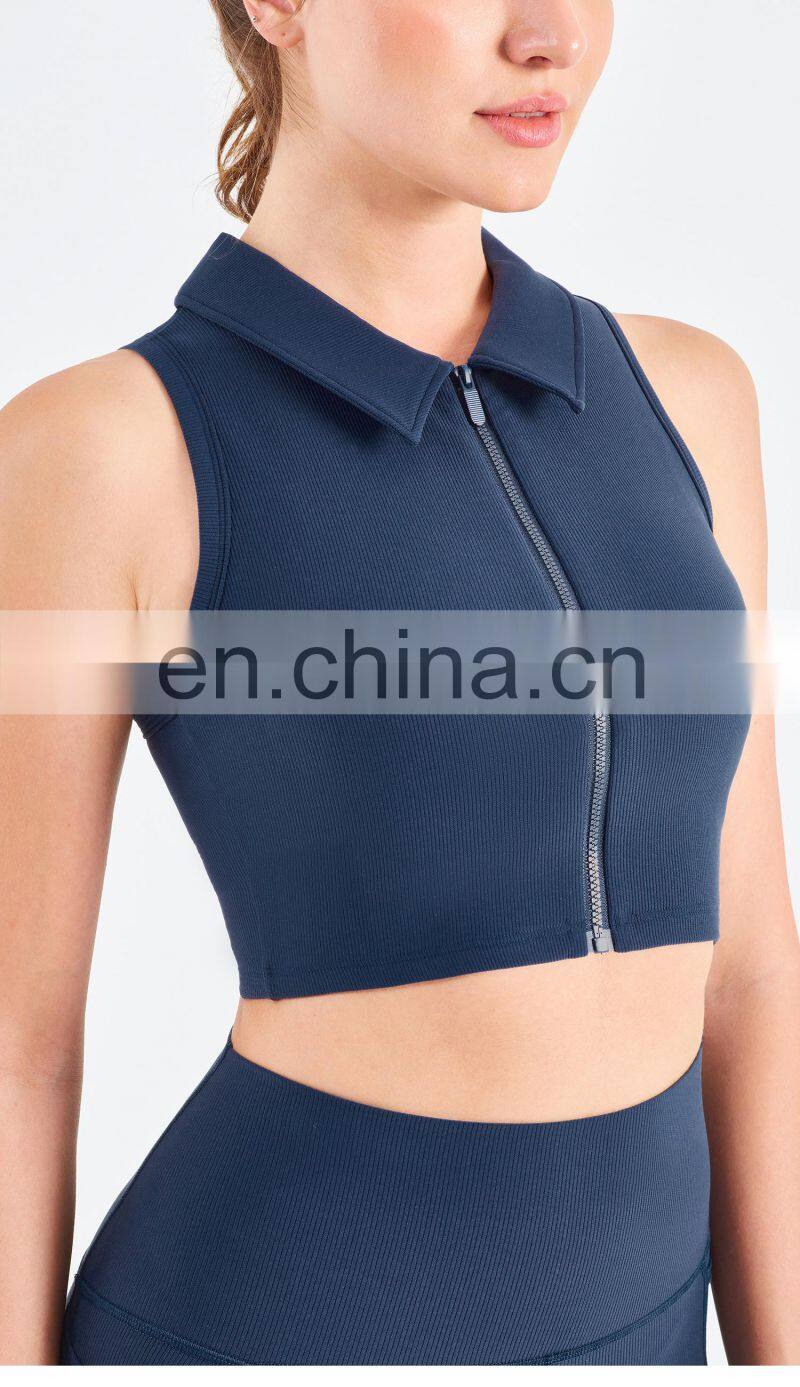 Designer Polo Ribbed Sports Bra With Front Zipper Gym Fitness Women Yoga Tank Tops