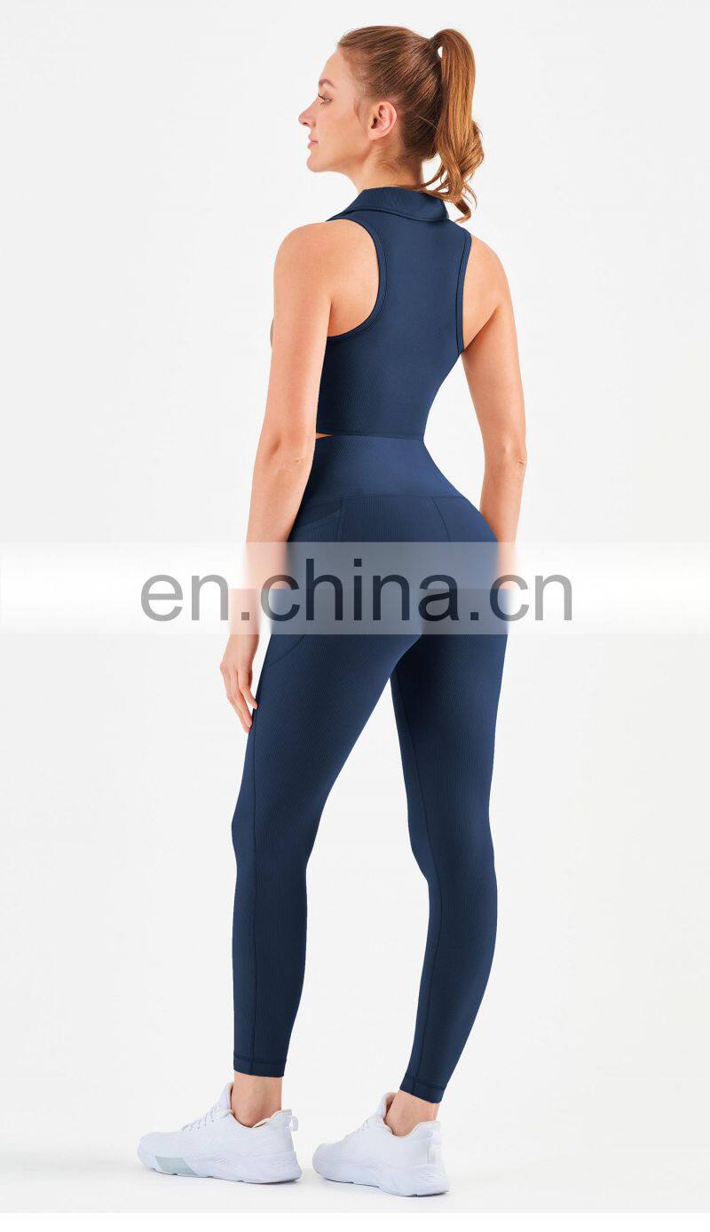 Workout Outfits Sports Ribbed Golf Polo Padded Bra Tank Top Yoga Legging Set Womens