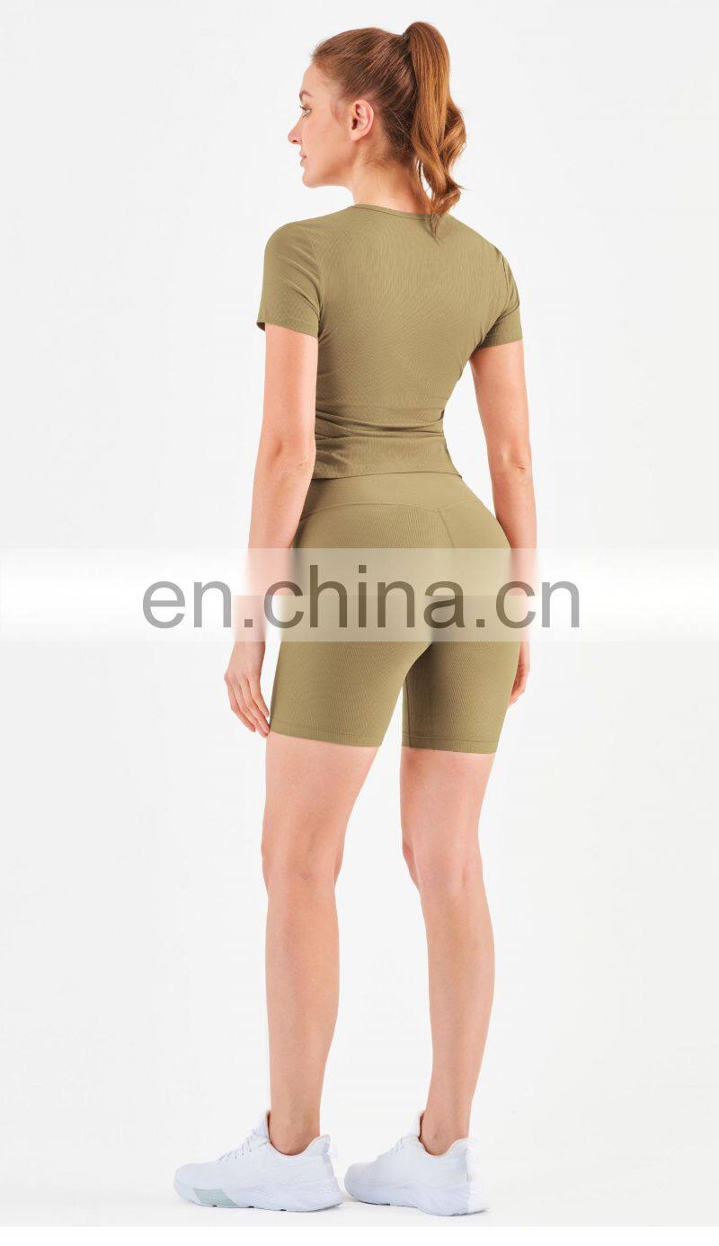 Women Ribbed Short Sleeve Slim Fit T-Shirt And Short Yoga Set Sport Fitness Suit
