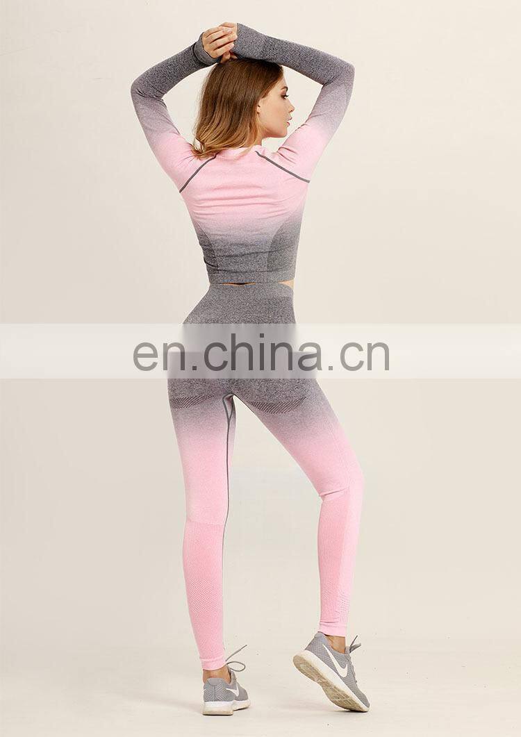 2pcs/set Women Sport Suit Workout Clothes Long Sleeve Fitness Crop Top + High Waist Seamless Leggings womens gym wear set