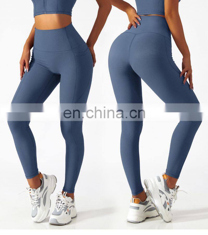 Women Ribbed High Waist Yoga Pants Wholesale Side Pockets Sport Fitness Leggings