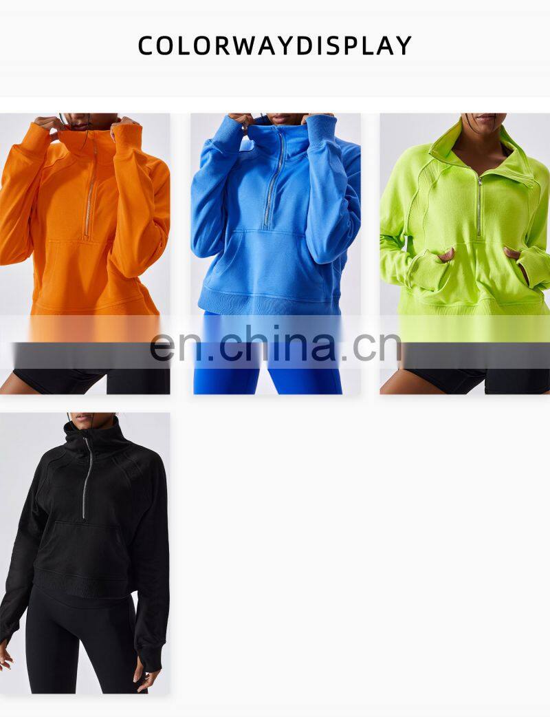 Factory Sale Half Zip Crop Pullover Womens Long Sleeve Stand Neck Hoodies With Pocket