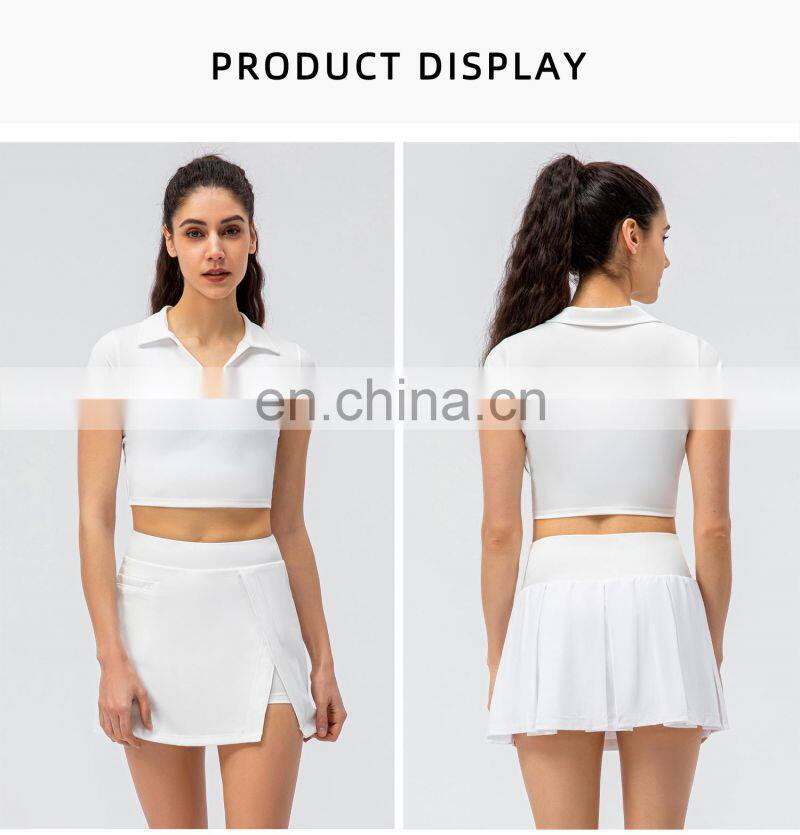 2022 Ladies short sleeve Cropped Collar Top Activewear Slim Fit Outfits Women Pleated Golf Tennis Short