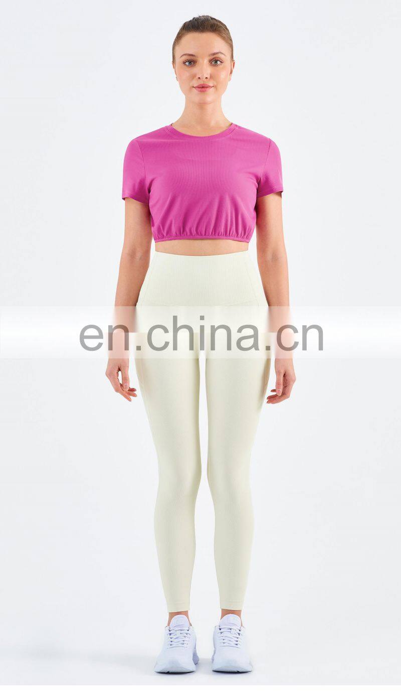 Wholesale Gym Ribbed Yoga T Shirt Elastic Legging Sets Custom Fitness Wear