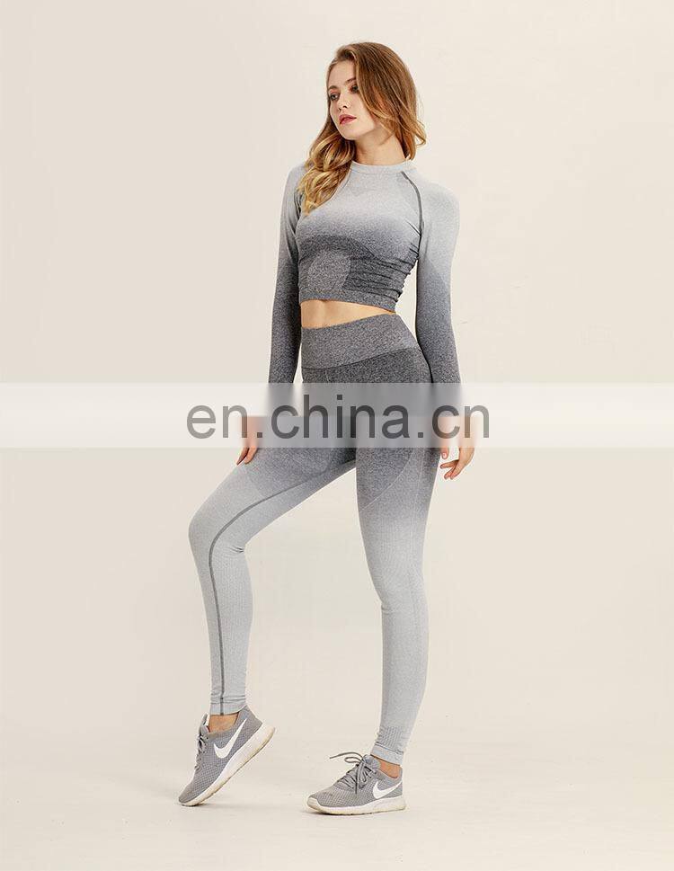 2pcs/set Women Sport Suit Workout Clothes Long Sleeve Fitness Crop Top + High Waist Seamless Leggings womens gym wear set