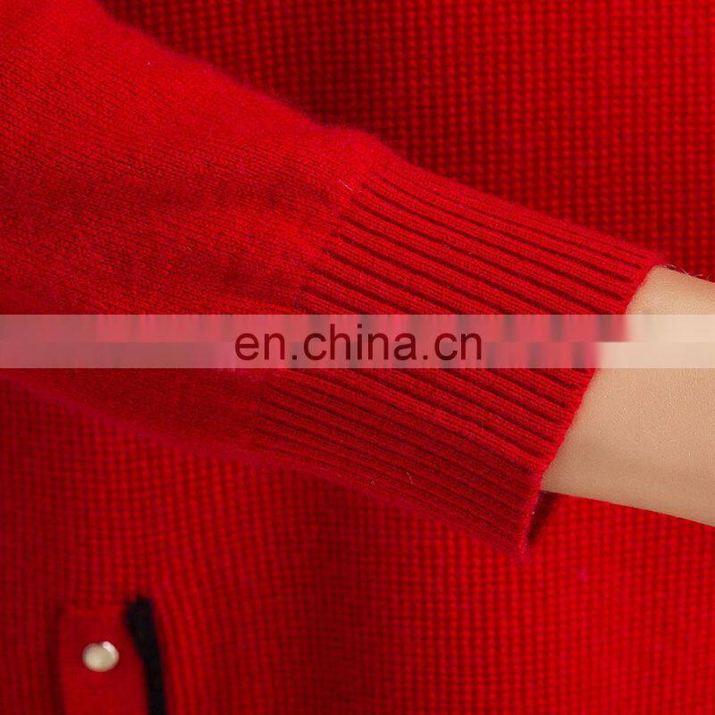 China Women's Red Long-Sleeved Slim Fit Sweater Knitted Casual Style Crew Neck Solid Pattern Winter Season