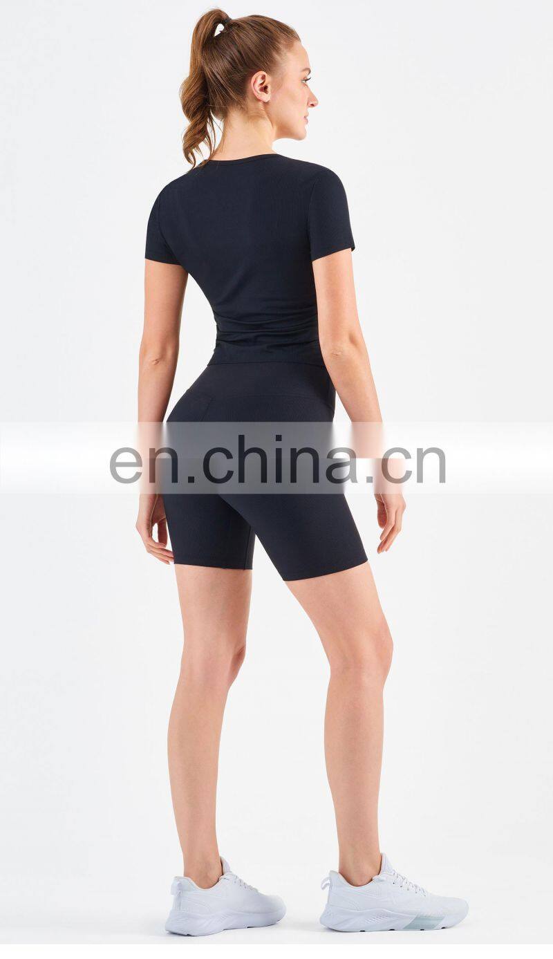 Women Ribbed Short Sleeve Slim Fit T-Shirt And Short Yoga Set Sport Fitness Suit