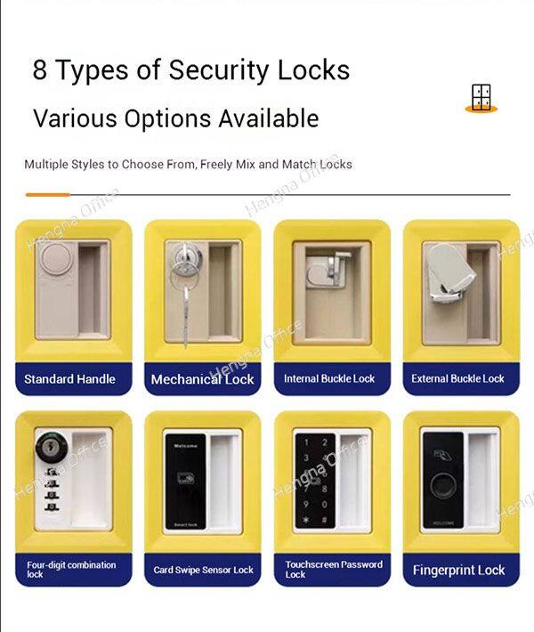 Eight types of security locks including mechanical, latch, and combination locks, available for mix and match.