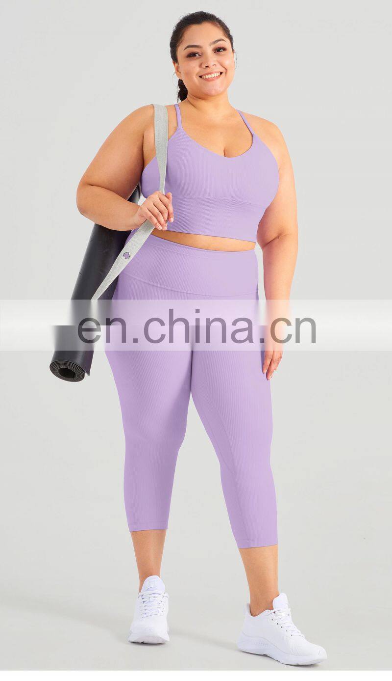 Odm Rib Splice Color Plus Size Sport Set Gym Backless Workout Bra High Waist Legging