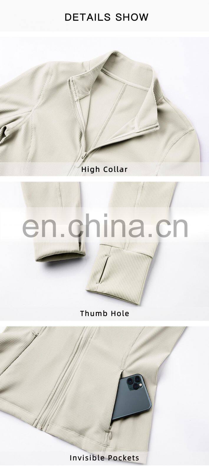 Ribbed Long Sleeve Zipper Tight Tops Workout Clothing Custom Pockets Fitness Yoga Jackets