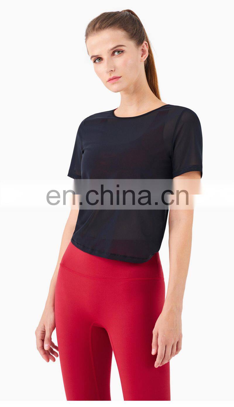 Spring Mesh Blouse Sports T Shirt Women Workout Crop Yoga Top With Reversible