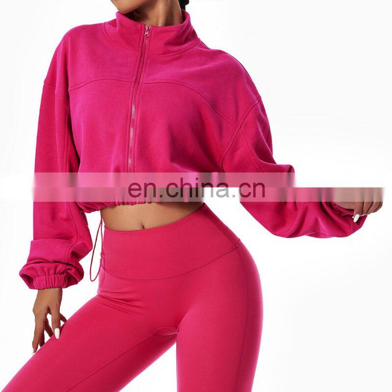 Wholesale Full Zipper Up Women Fleece Adjustable Hoodie Long Sleeve Sports Sherpa Jackets