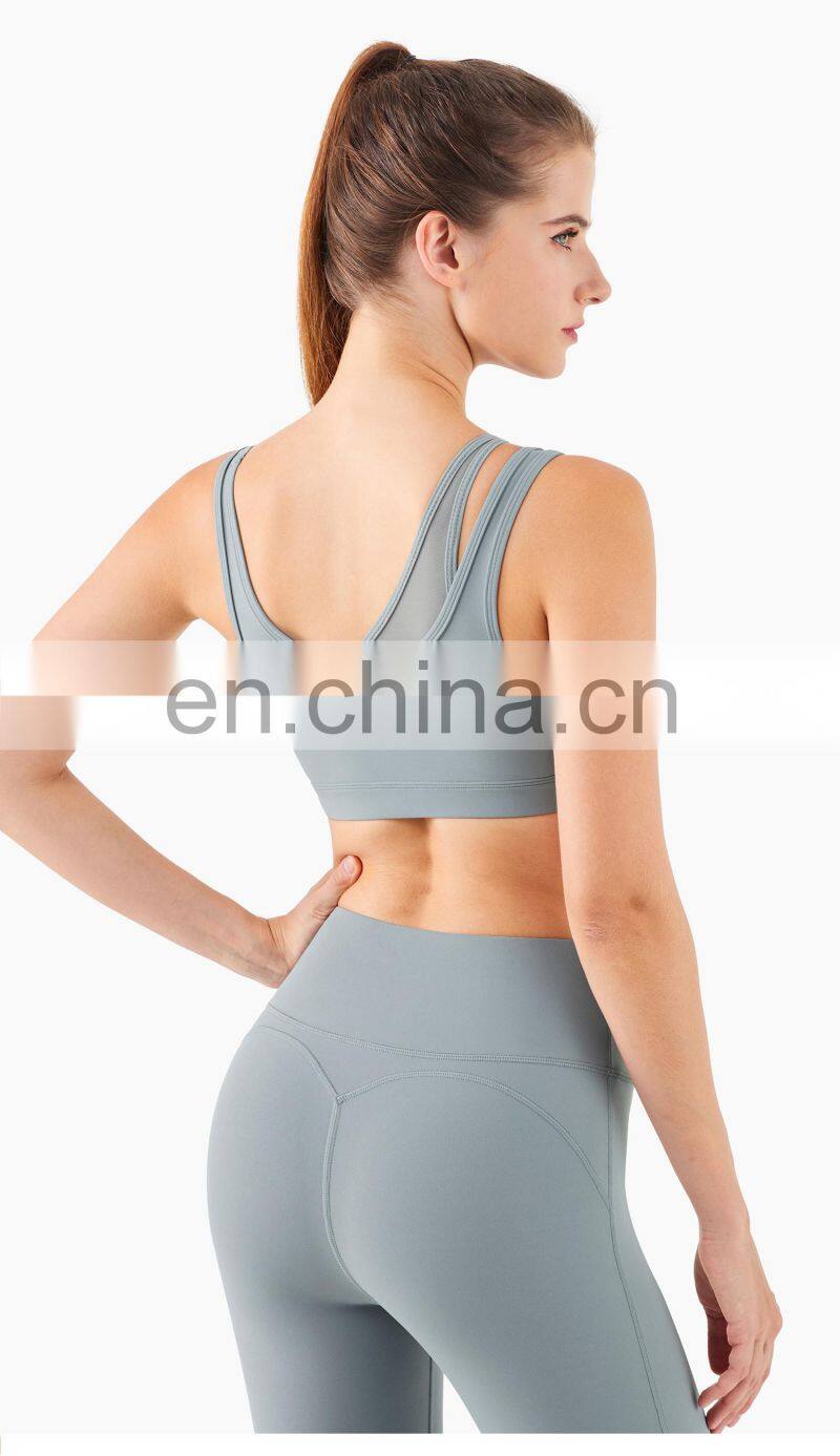 New Mesh Double Strap Women Sports Bra Recycle Fabric One Shoulder Sports Bra Support OEM