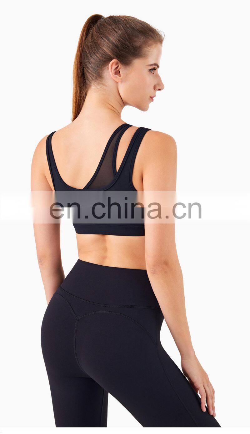New Mesh Double Strap Women Sports Bra Recycle Fabric One Shoulder Sports Bra Support OEM