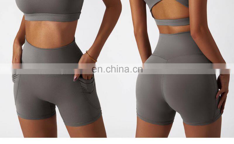 High Waist Side Pockets Biker Fitness Sports Shorts Custom Women Butt Lifting Yoga Pants