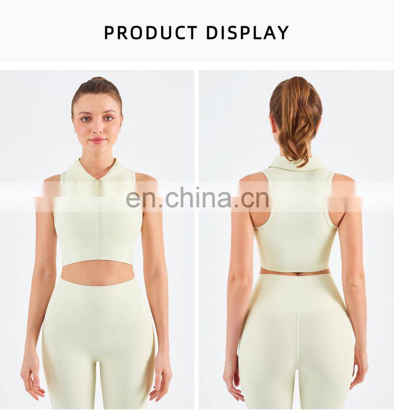 Designer Polo Ribbed Sports Bra With Front Zipper Gym Fitness Women Yoga Tank Tops