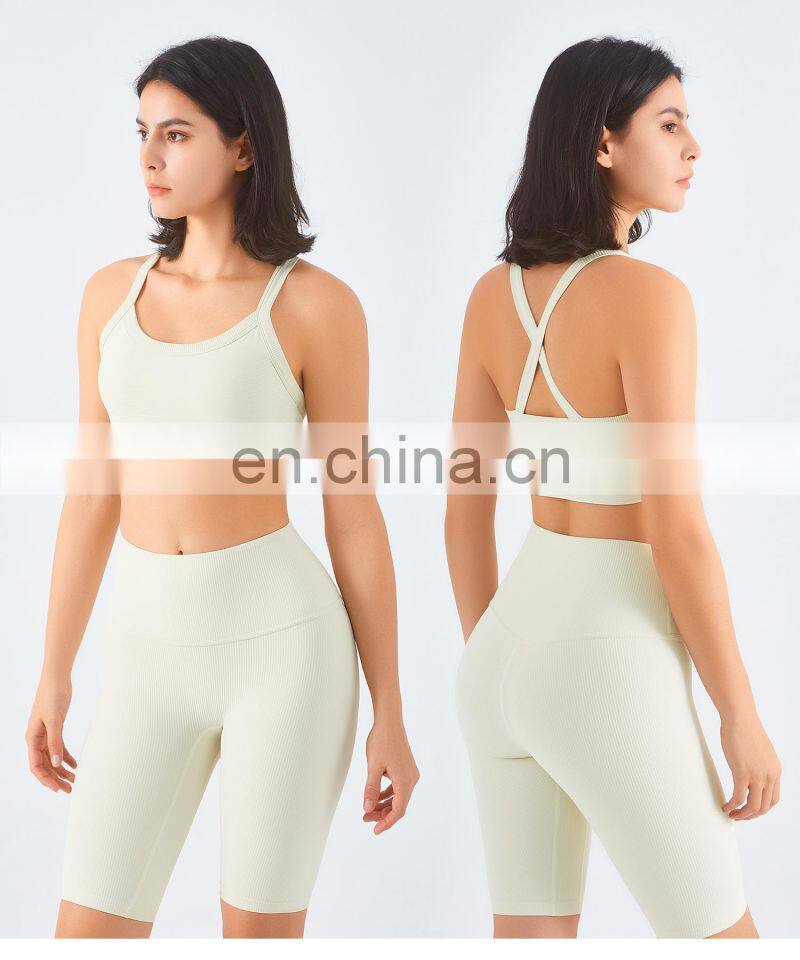 Ribbed Cross Back Custom Recyclable Sports Bras Quick Dry Wide Straps Workout Yoga Tops
