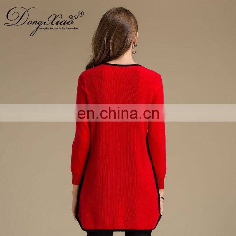 China Women's Red Long-Sleeved Slim Fit Sweater Knitted Casual Style Crew Neck Solid Pattern Winter Season