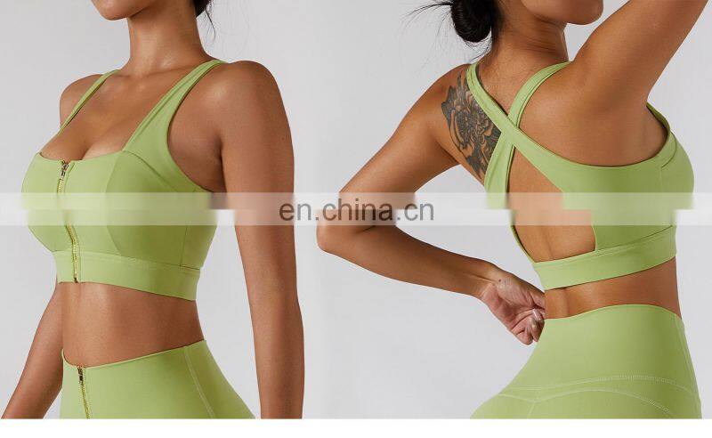 Custom Sexy Front Zip Women Gym Sports Bras Hollow Cross Backless Fitness Yoga Tops