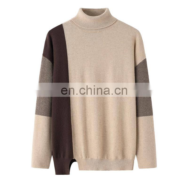 Women's Casual 100% Cashmere Turtleneck Pullover Plain Knitted 12GG Color Blocking Pattern for Winter