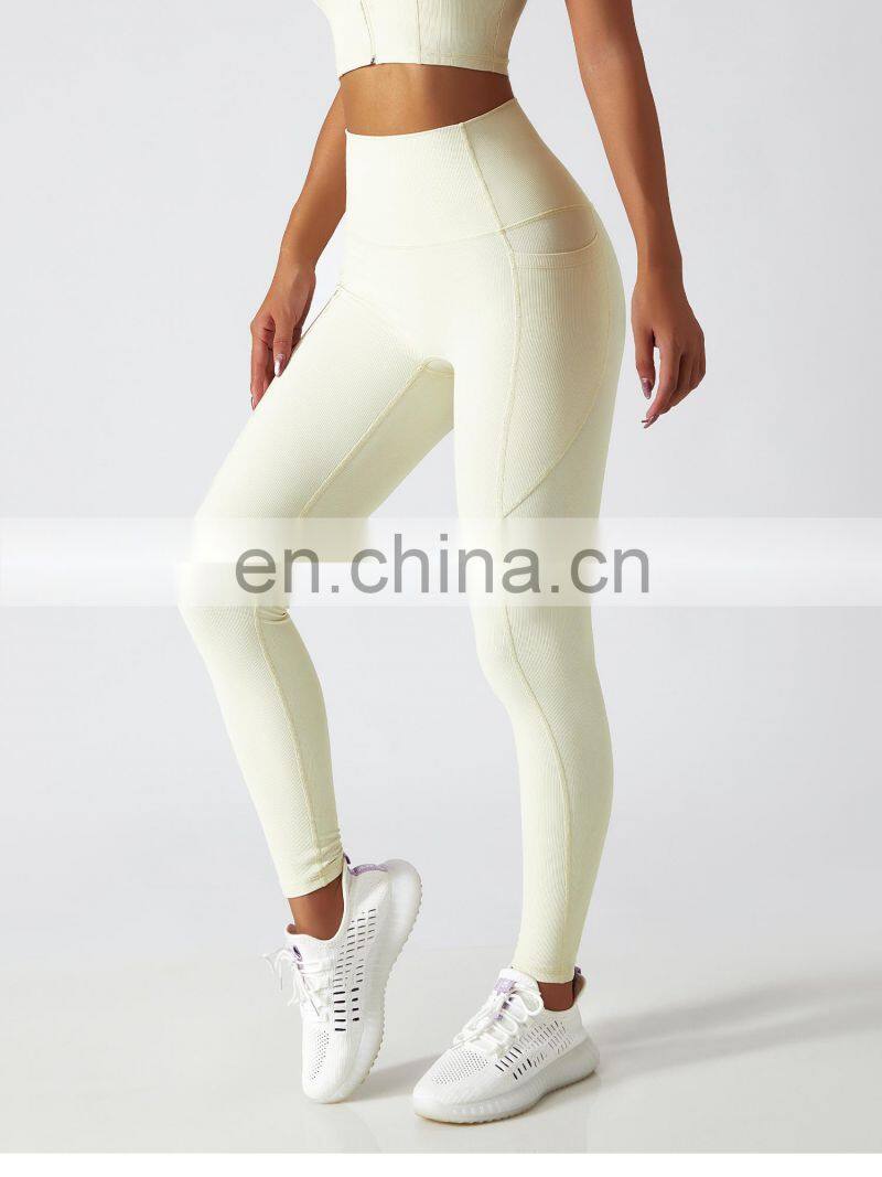 Women Ribbed High Waist Yoga Pants Wholesale Side Pockets Sport Fitness Leggings