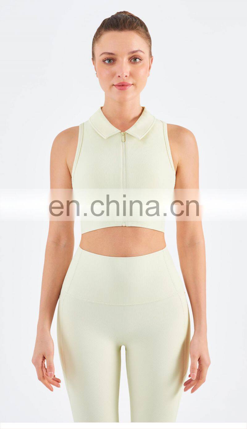 Designer Polo Ribbed Sports Bra With Front Zipper Gym Fitness Women Yoga Tank Tops