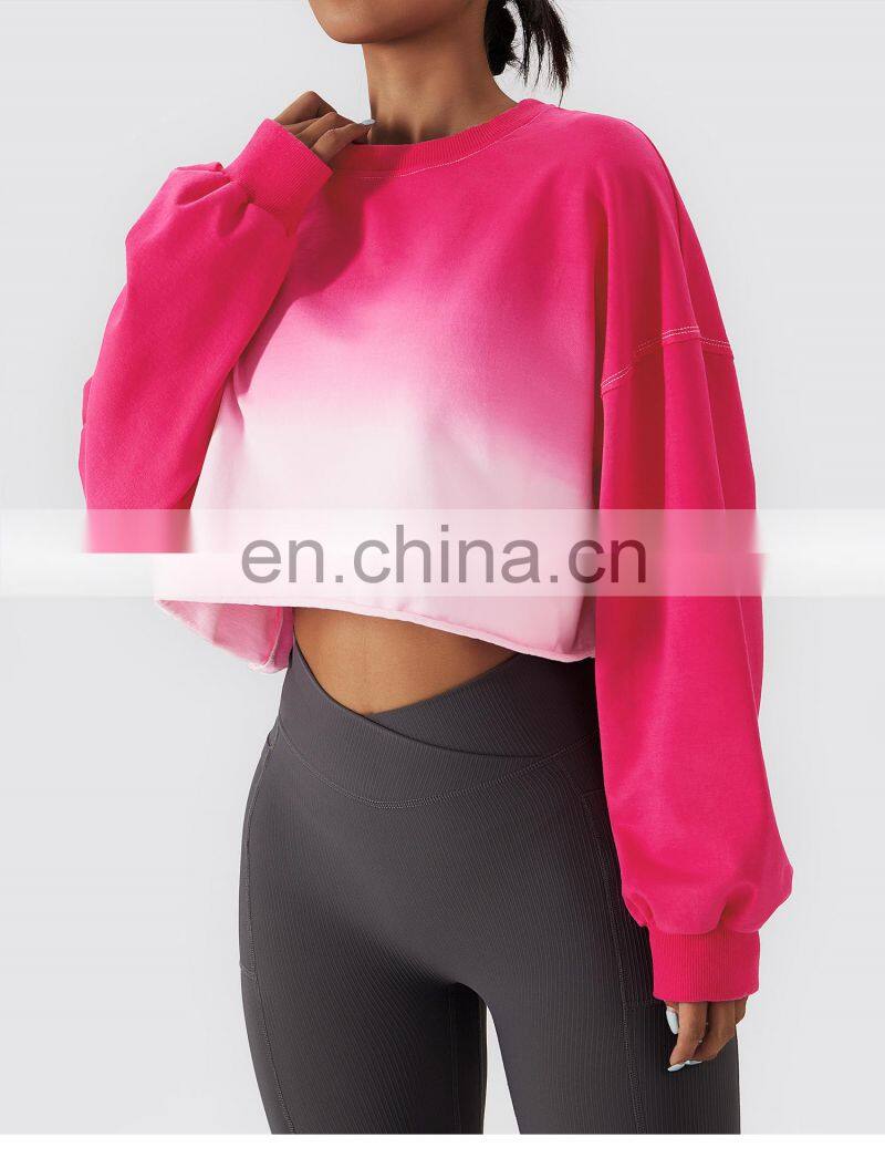 Gradient Color Long Sleeve Crop Tops Hot Sales Round Neck Short Women Sweatshirt