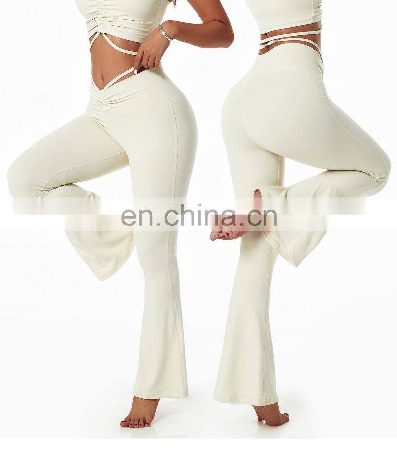Wholesale Yoga Adjustable Fold Waist Flare Pants Butt Lift Workout Sports Leggings