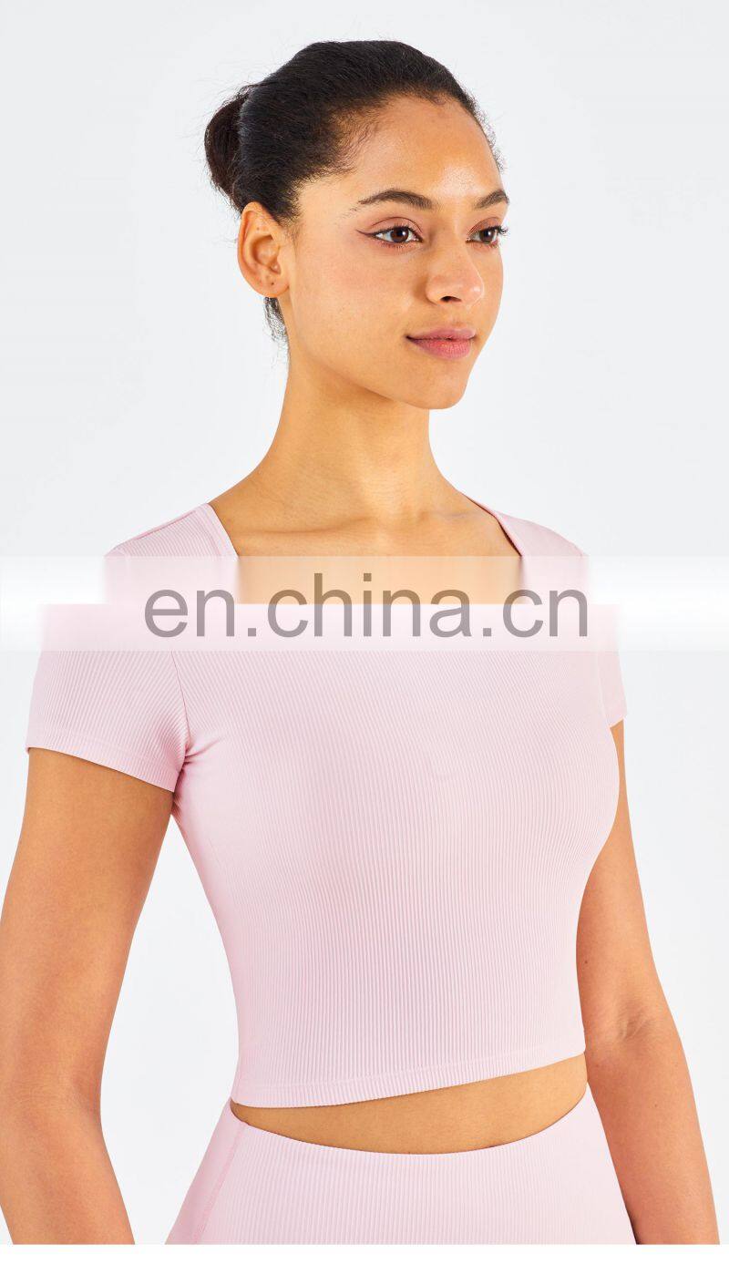 Ribbed Fabric Square Neckline Short Sleeve Gym Tops Slim Fit Plus Size Women's T-Shirts