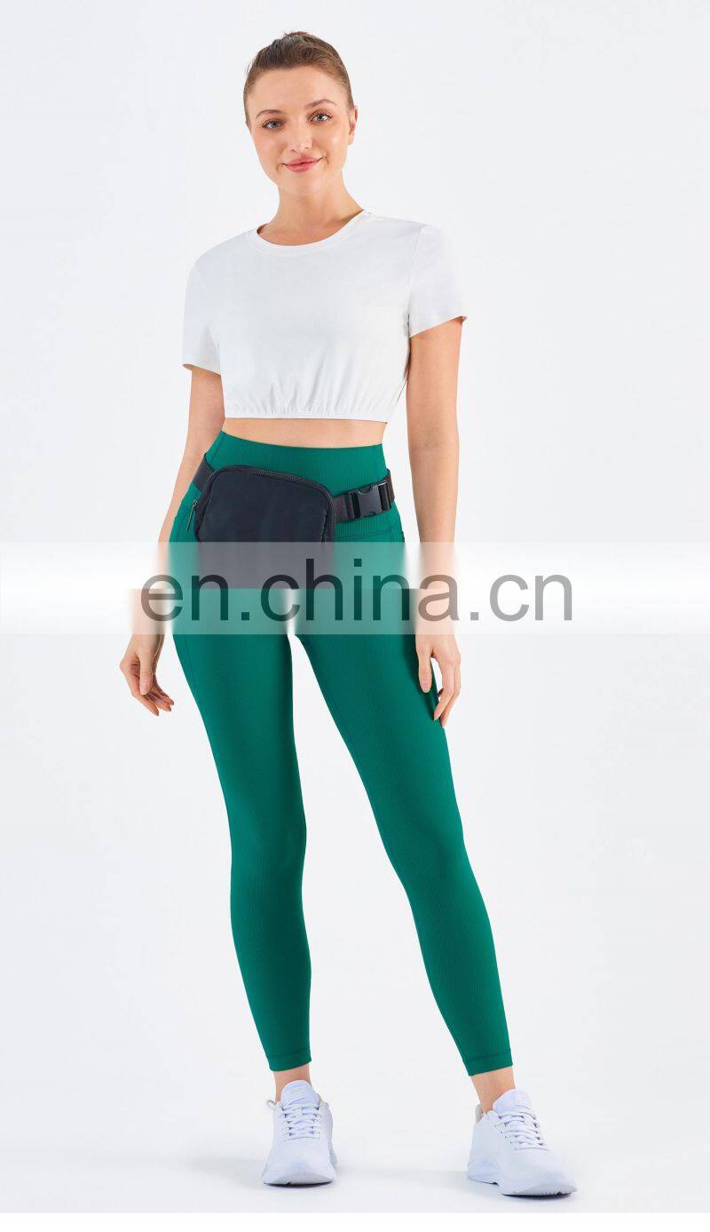 Wholesale Gym Ribbed Yoga T Shirt Elastic Legging Sets Custom Fitness Wear