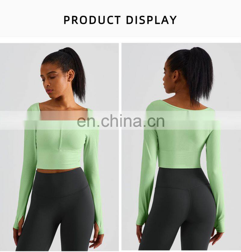 Ribbed Custom Semi Fixed Cups Yoga Crop Tops Long Sleeve High Impact Women Sports Bras