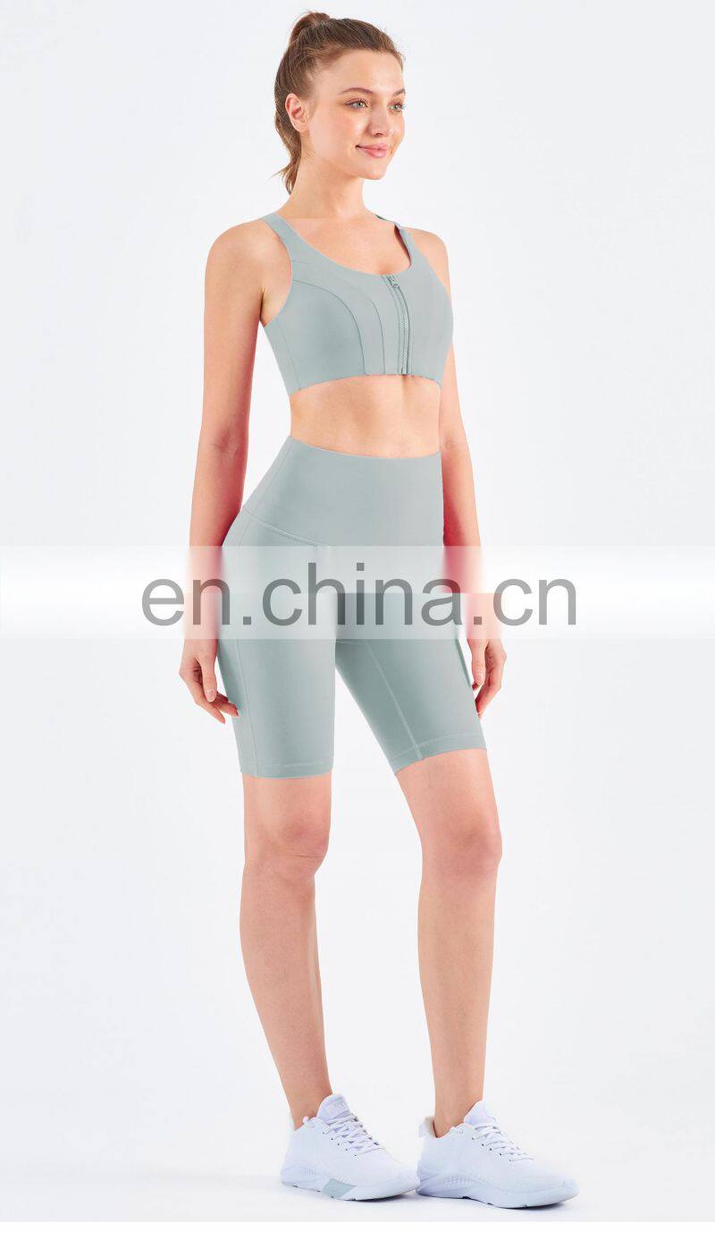 Tik Tok High Elastic Front Zipper Sport Bra Biker Shorts Sets Women Fitness Yoga Wear
