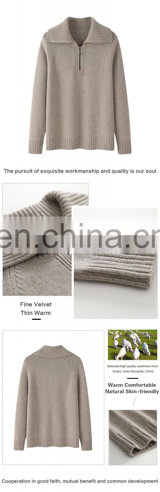 100% Pure Cashmere Pullover England Style Quarter Zip Turn down Collar Casual Winter Sweater with Front Logo Solid Pattern