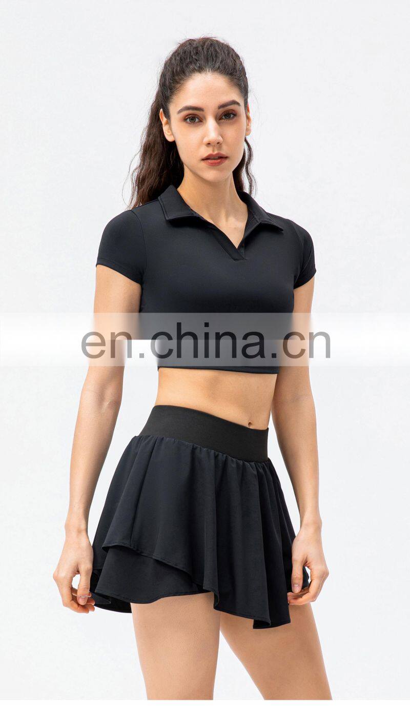 2022 Ladies short sleeve Cropped Collar Top Activewear Slim Fit Outfits Women Pleated Golf Tennis Short