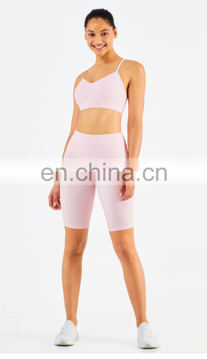 Ribbed Seamless Yoga Short Set Women Summer Activewear Sports Fitness Gym Yoga Bra Cross Back