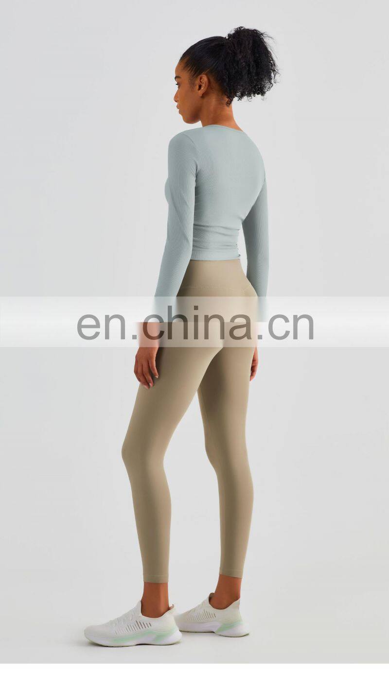 Ribbed Side Folding Yoga Tshirts Women Custom Long Sleeve Outdoor Sports Tops Gym Wear