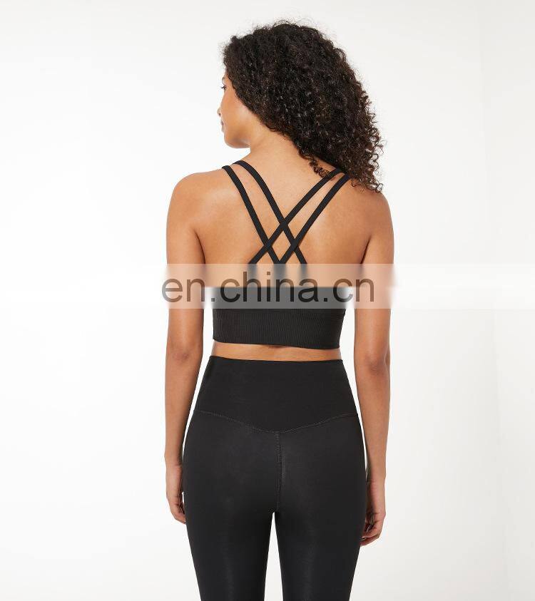 Custom new 75% nylon 25% spandex thread fabric ladies gym wear strappy sports bra top fitness bra for women