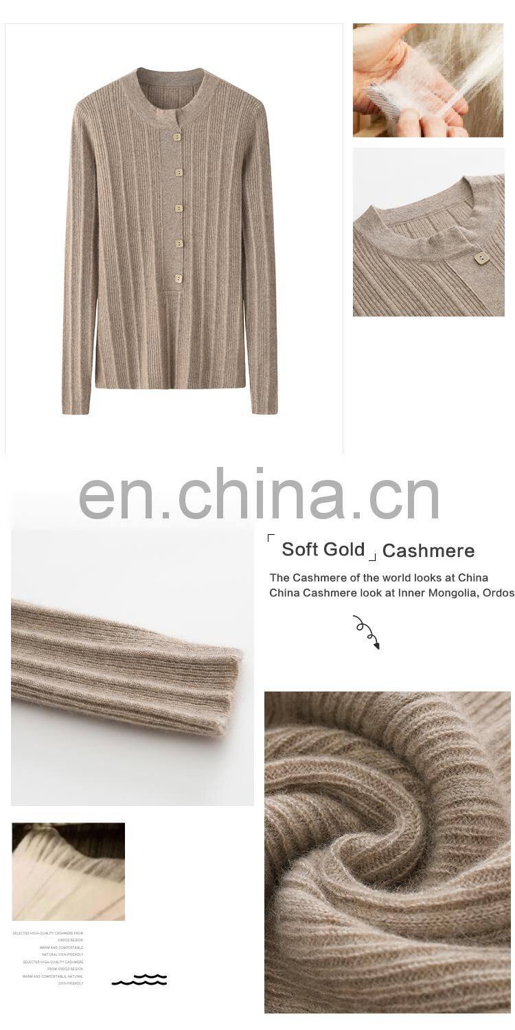 Women's Casual Solid Pattern Knit Crew Neck Pullover Winter Ribbed Cashmere Sweater with Button Decoration OEM Service Available